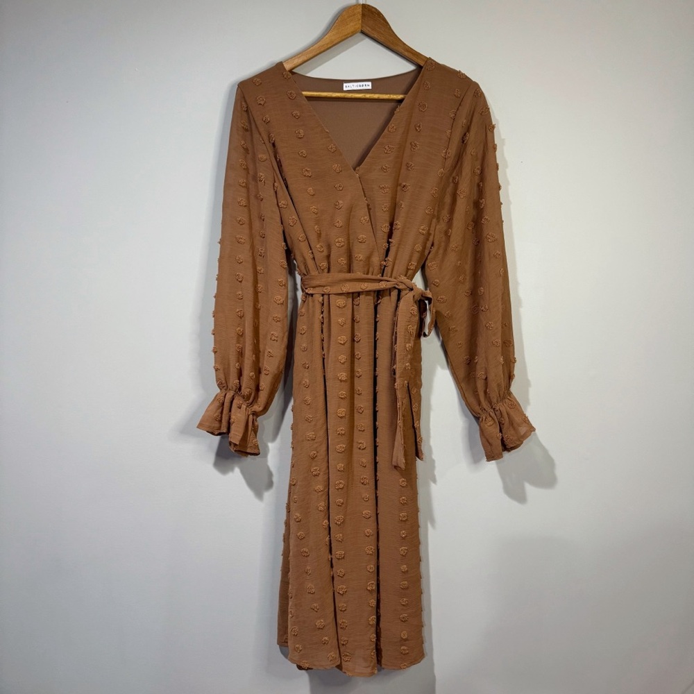 Baltic Born Camel Brown Textured Long Sleeve Wrap Midi Dress